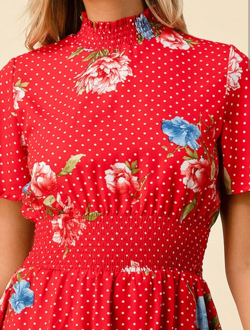 Red Floral Sleeve Mini Dress